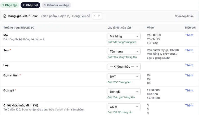 Bước Ghép cột khi nhập sản phẩm từ tệp Excel: mỗi trường của BizUp360 — Mã, Tên, Đơn vị tính, Đơn giá, Chiết khấu mặc định — được nối với một cột của tệp.