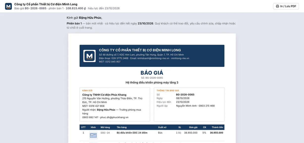 Trang báo giá trực tuyến khách hàng nhận được: tên bên bán, số báo giá, hiệu lực; tài liệu hiển thị như bản in.
