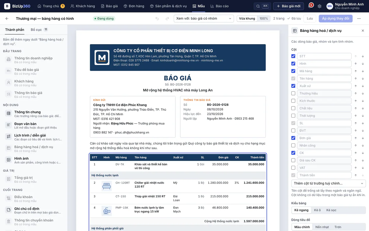 Template Design Studio: thư viện thành phần bên trái, trang báo giá khổ A4 ở giữa với bảng hàng hoá đang được chọn, thuộc tính của bảng bên phải.